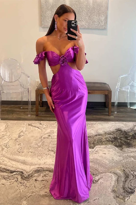 Final Clearance Ruffle Straps Fuchsia Rosette Side Cutouts Prom Dress