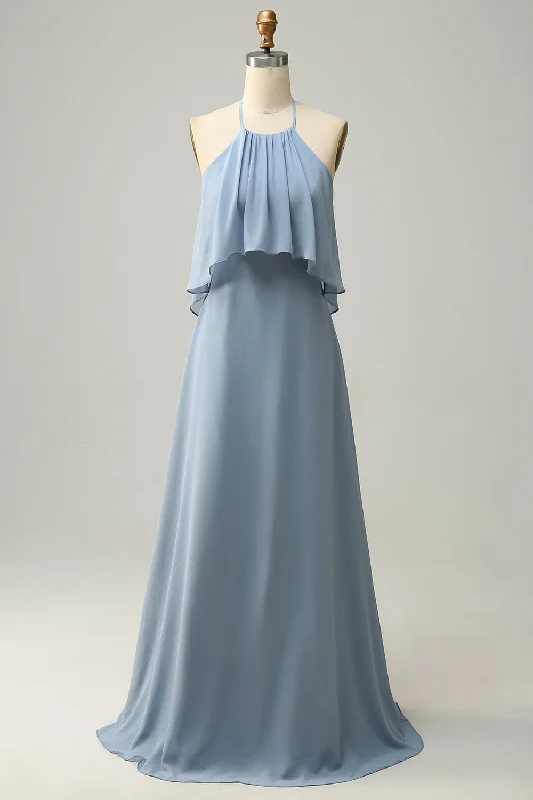 Amazing Deals Halter Dusty Blue Bohemian Chiffon Bridesmaid Dress