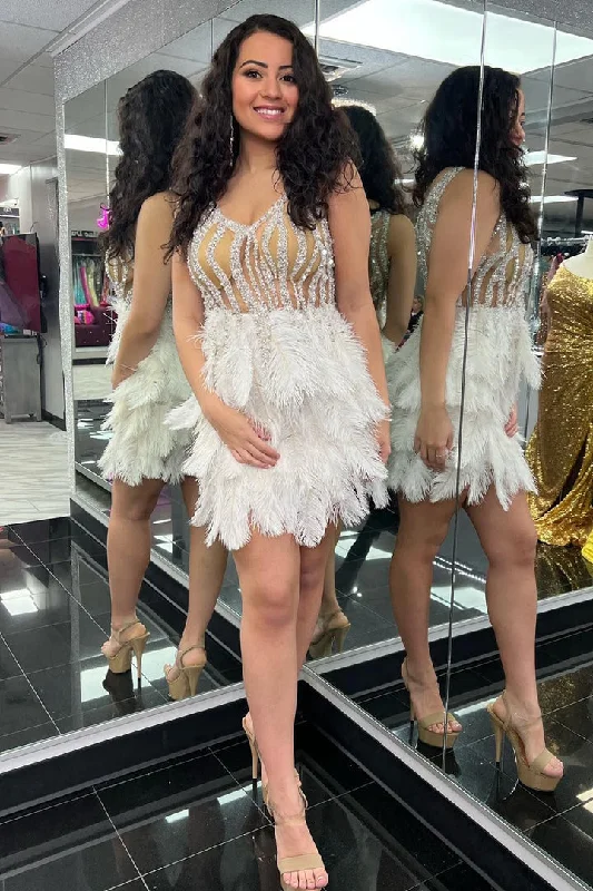 Don't Wait V-Neck Sheer Corset Bodice Tight Homecoming Dress with Feathers