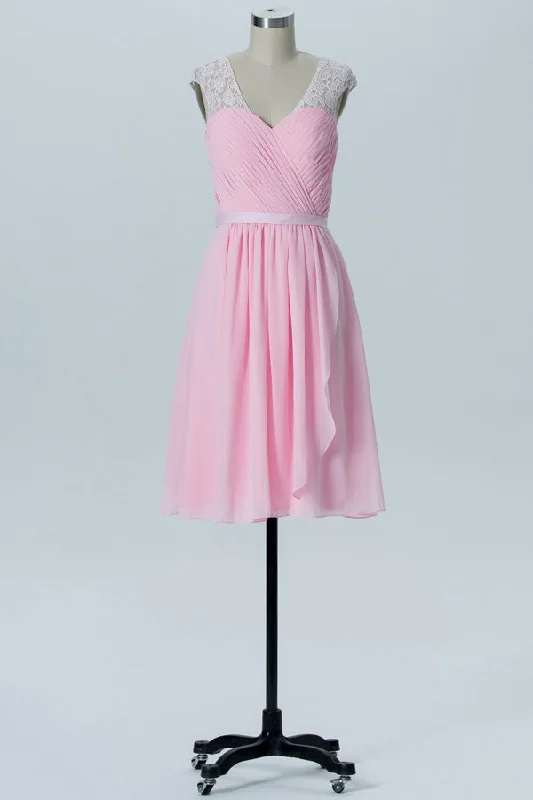Special Price Sweet V-Neck Pink Lace Bridesmaid Dress with Cap Sleeves
