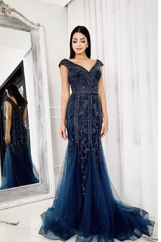 Don't Miss V Neck Beaded Navy Blue Long Prom Dress with Sequins