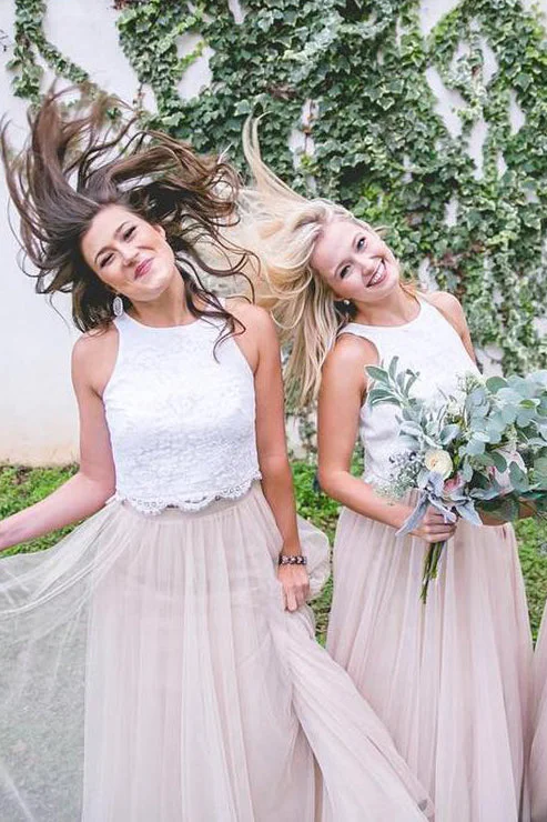 Price Blitz Two Piece Beige Long Bridesmaid Dress with White Lace Top