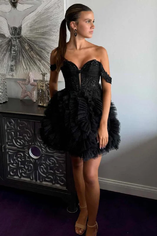Hot Deal Black Off the Shoulder Tulle Ruffle Short Party Dress