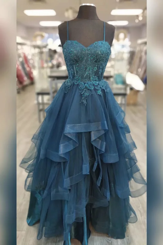 Fantastic Offers Teal Straps Appliques Multi-Layers Tulle Long Prom Dress