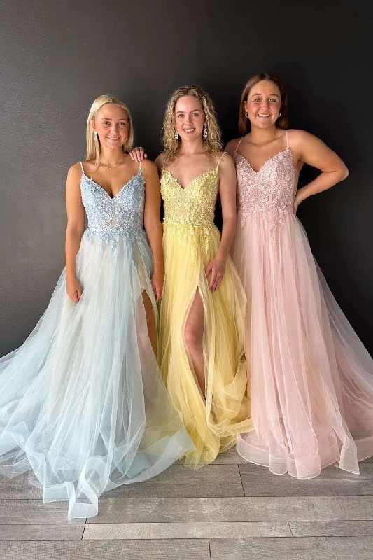 Value Deals V-Neck Lace-Up Appliques Tulle A-Line Prom Dress