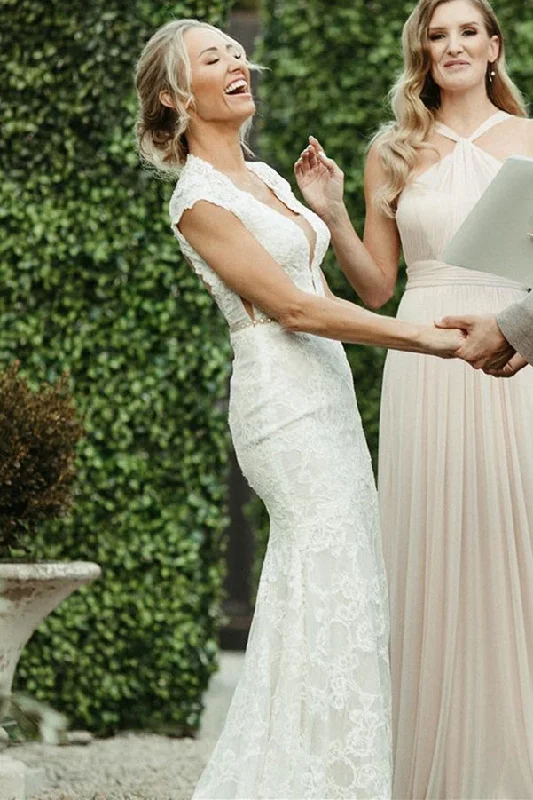 Reduced Prices Deep V Neck Mermaid Long Off White Lace Wedding Dress