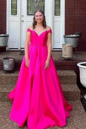 Exclusive Preview Hot Pink Beaded A-Line Satin Prom Dress with Off Shoulder