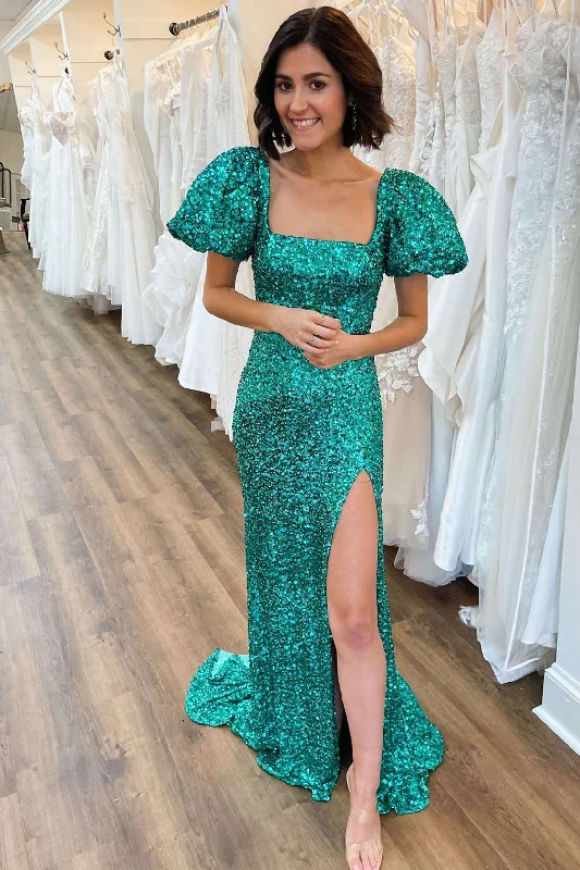 Price Rollback Square Neck Emerald Green Sequin Mermaid Prom Dress
