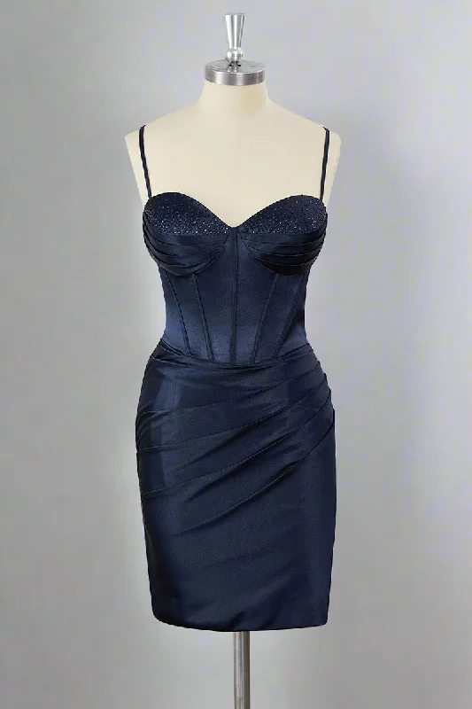 Overstock Lace-Up Sweetheart Navy Blue Ruched Homecoming Dress