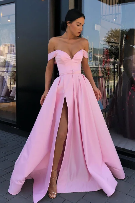 Don’t Miss Out Side Slit Off the Shoulder Pink Long Prom Dress with Belt