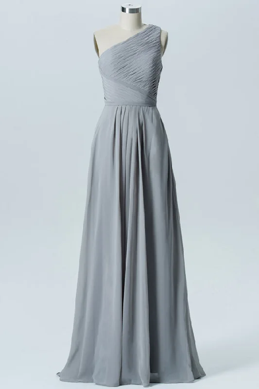 Anniversary Sale Pleated One-Shoulder Grey Long Bridesmaid Dress