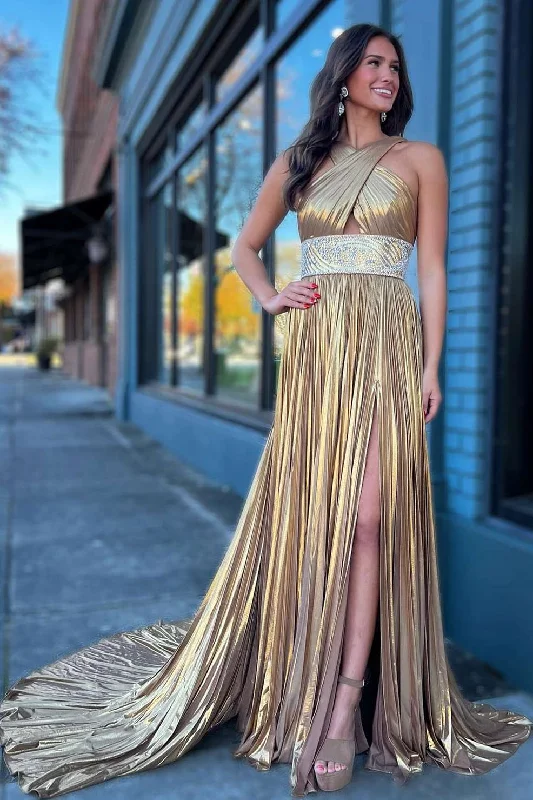 Super Deal Pleated Criss Cross Straps Metallic Long Prom Dress