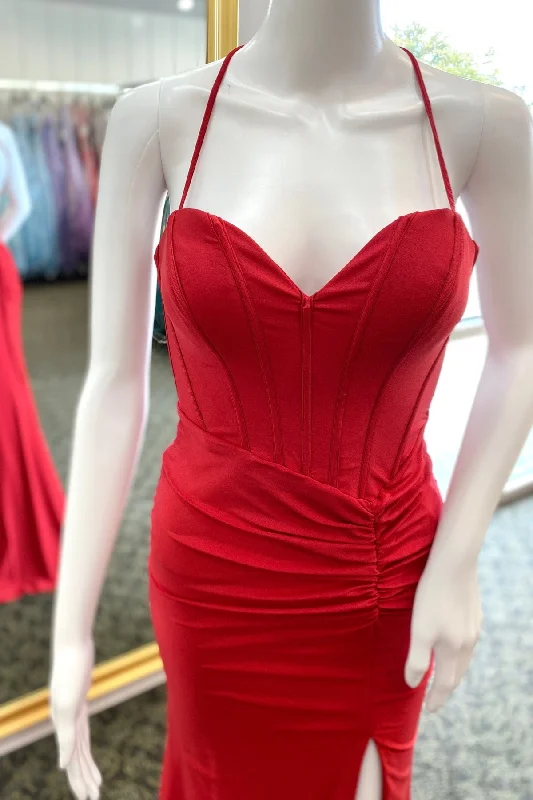 Today’s Special Red Satin Lace-Up Pleated Long Prom Dress with Slit