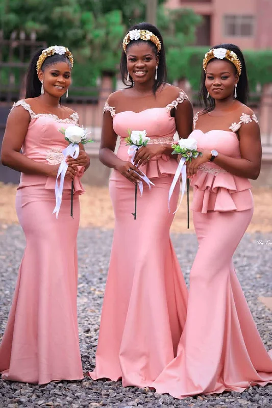 Price Reduction Mermaid Ruffles Blush Pink Long Bridesmaid Dress with Lace Top