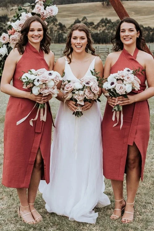 Super Savings A-line Halter Tea-length Dark Coral Bridesmaid Dress with Belt