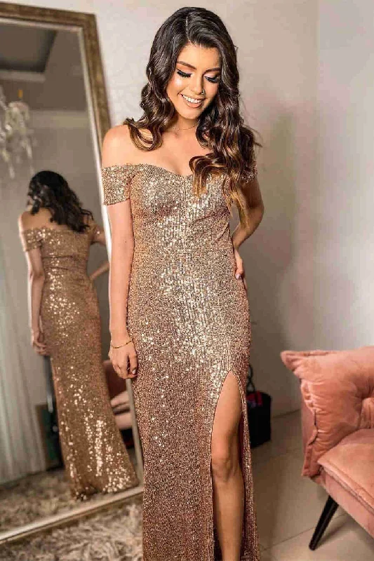 Unbeatable Prices Off the Shoulder Brown Sequins Prom Dress