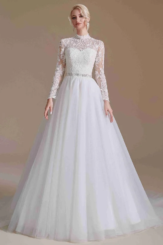 Markdowns Illusion High Neck White Lace Wedding Dress with Long Sleeves