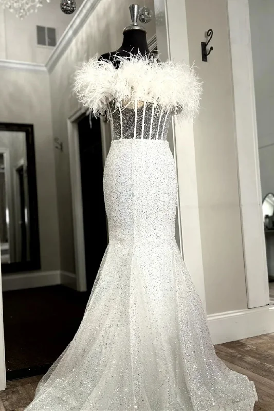 Today’s Special White Mermaid Strapless Feathers Boning Sequins Long Prom Dress