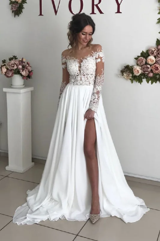 Savings Event Princess Long Sleeves A-line Off Shoulder White Wedding Dress with Lace