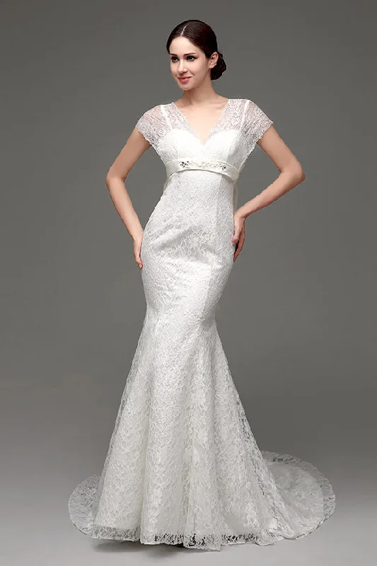 Massive Deals Mermaid Lace-Up Back Long White Wedding Dress with Bowknot