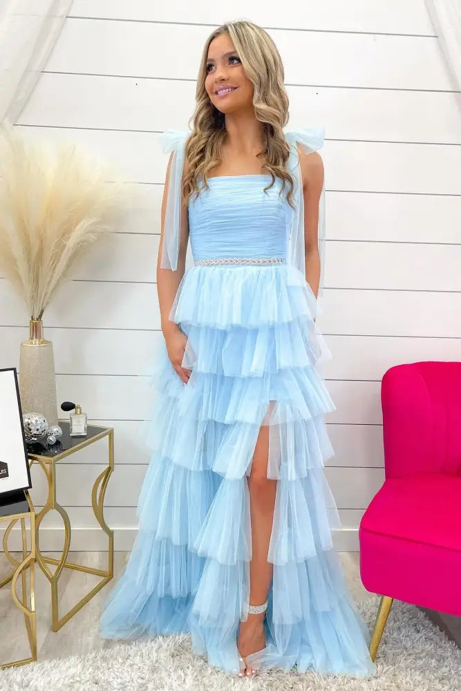 Savings Galore Light Blue Pleated Ruffle Prom Dress with Bow Tie Straps