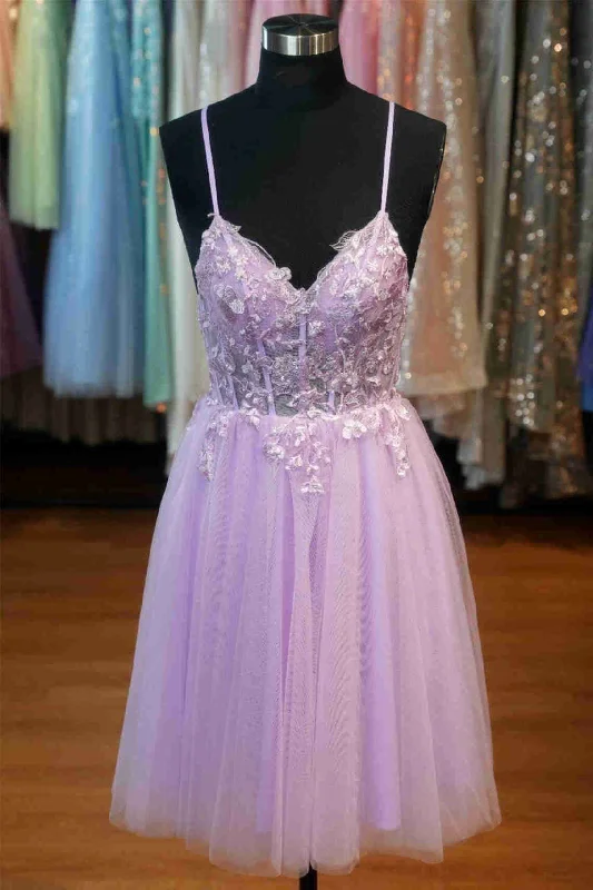 Sale Event Lavender V-Neck Lace Appliques Short Homecoming Dress