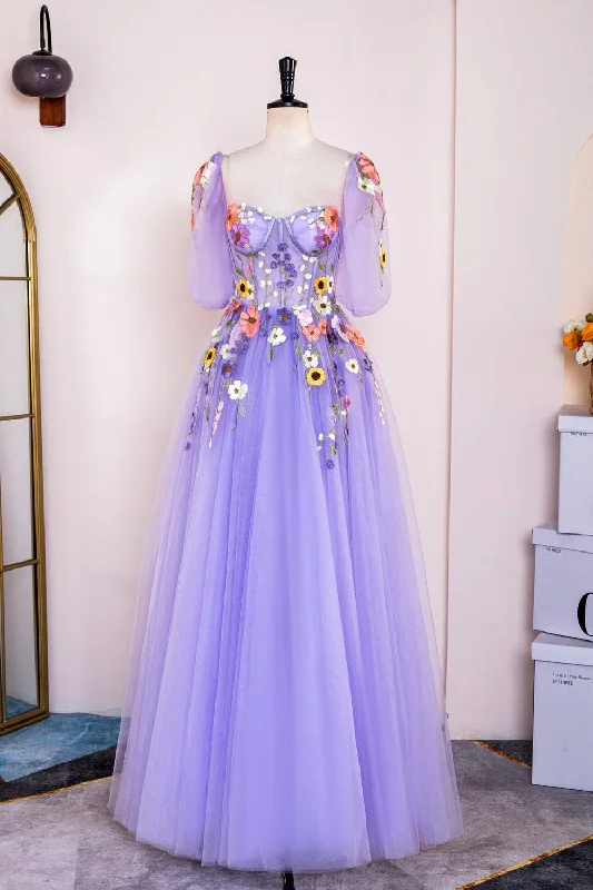 Price Meltdown Lavender Floral Puff Sleeves Tulle A-Line Long Prom Dress