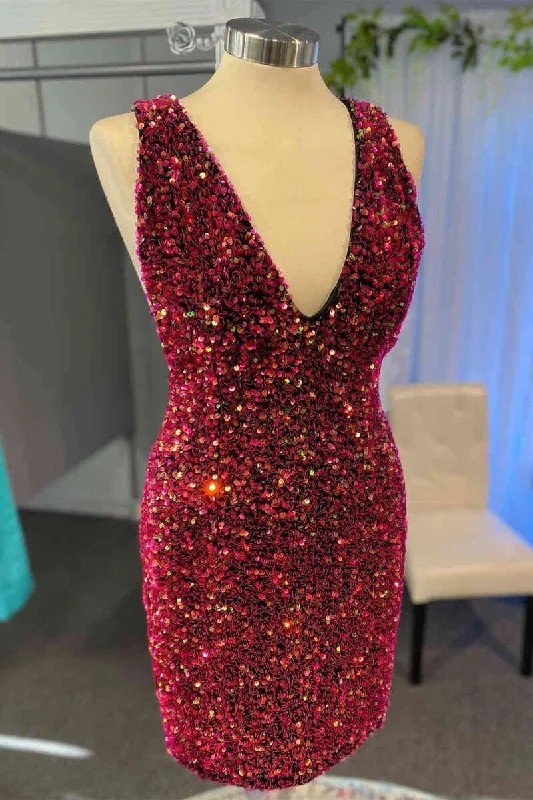 Deal Dash Glitter Burgundy V-Neck Sequined Bodycon Homecoming Dress