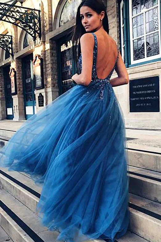 Super Sale Luxurious V-Neck Beading Royal Blue Long Prom Dress