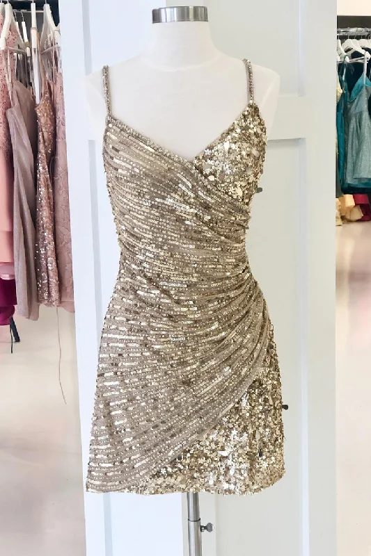 Price Fest Straps Champagne Sequins Short Party Dress