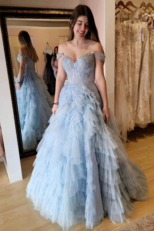 Flash Deals Off the Shoulder Light Blue Sheer Bodice Ruffle Tulle Prom Dress