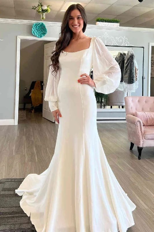 Bargain Prices Square Neck Ivory Long Sleeves Mermaid Wedding Dress