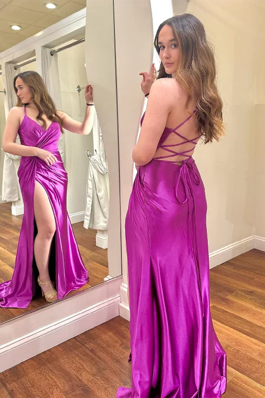Special Price Fuchsia Pleated V Neck Lace-Up Back Faux-Wrap Long Prom Dress with Slit