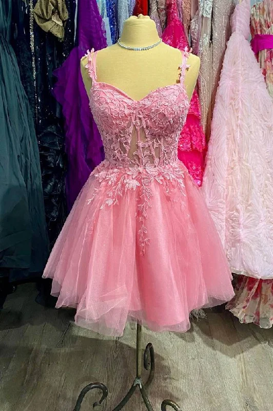 Closeout Straps Pink Sheer Corset Appliques Short Homecoming Dress