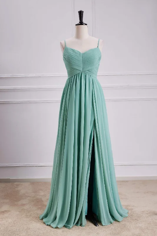 Grand Opening Sale Straps Sage Chiffon Pleated Long Bridesmaid Dress