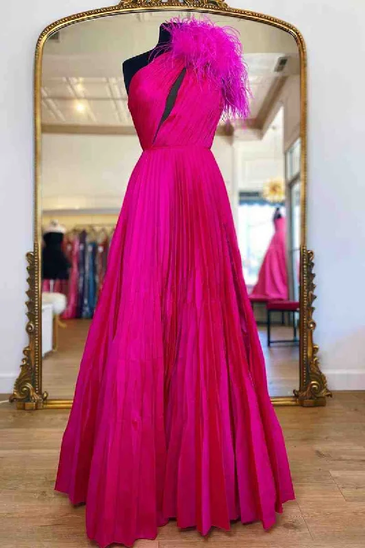 Today’s Deal Pleated Feather One Shoulder Fuchsia Long Prom Dress