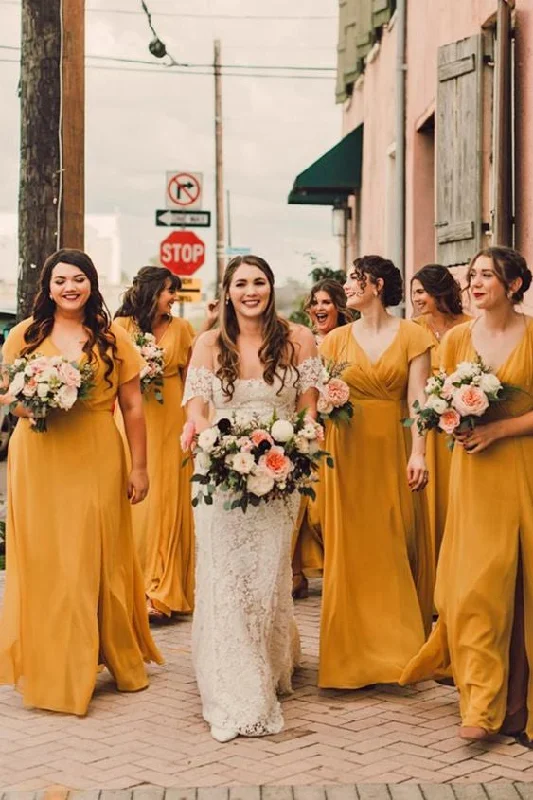 Super Savings Short Sleeves A-line Long Mustard Yellow Bridesmaid Dresses
