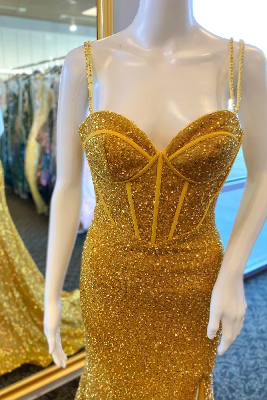 Seasonal Sale Yellow Sequins Doubel Straps Mermaid Long Prom Dress with Slit
