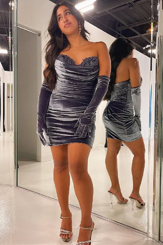 Major Savings Sweetheart Grey Long Gloves Velvet Short Homecoming Dress