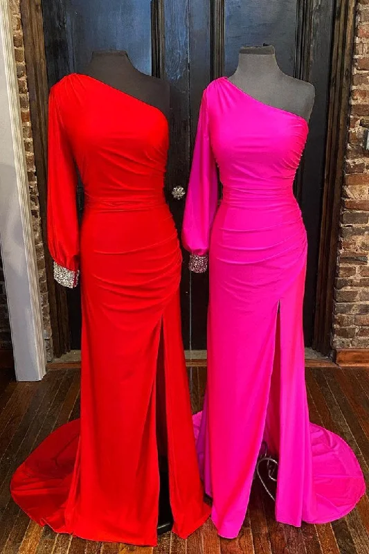 Special Price Elegant One Sleeve Red Mermaid Long Prom Dress