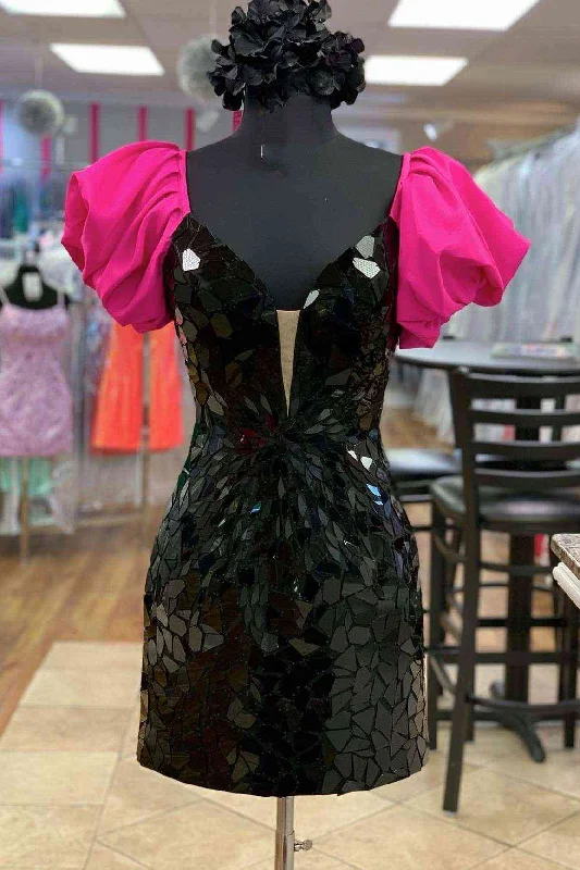 Closeout Black Sequined Mini Homecoming Dress with Hot Pink Puff Sleeves