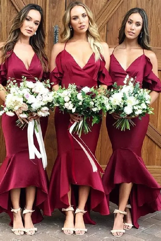 Clearance Event High Low V Neck Mermaid Burgundy Bridesmaid Dress