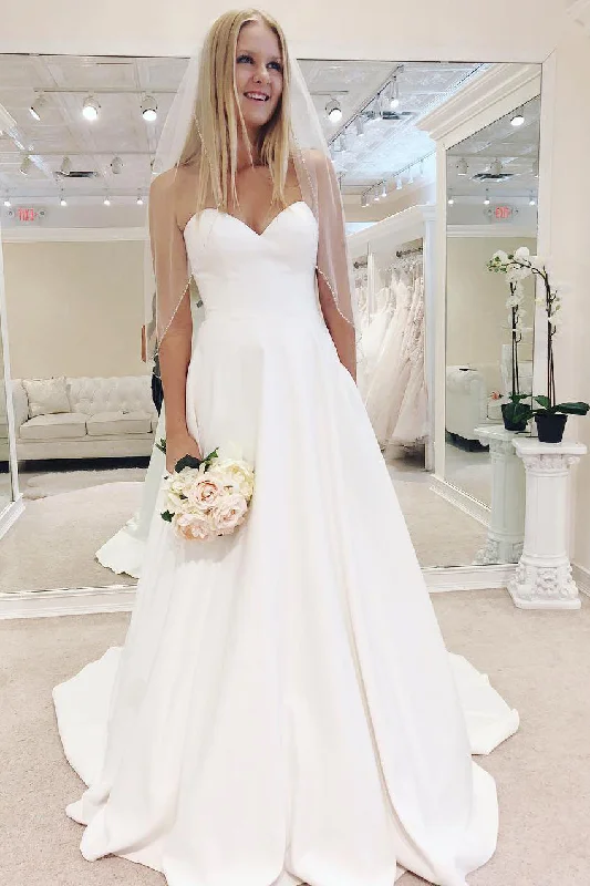 Act Fast Simple Long Sweetheart A-line White Bridal Dress
