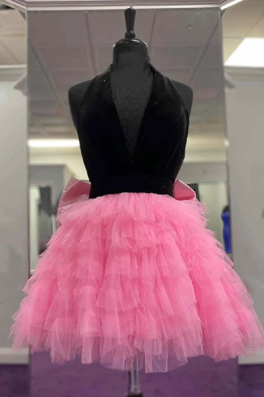 Online Only Cute Black and Pink Halter Ruffle Short Party Dress
