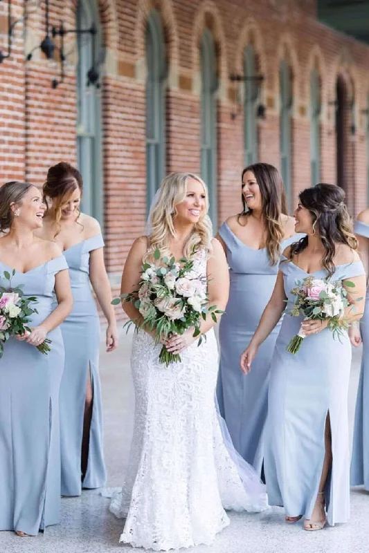 Low Prices Mermaid Off Shoulder Dusty Blue Bridesmaid Dresses with Slit