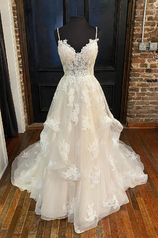 Don’t Miss Out A-Line Straps Ivory Long Wedding Dress with Appliques