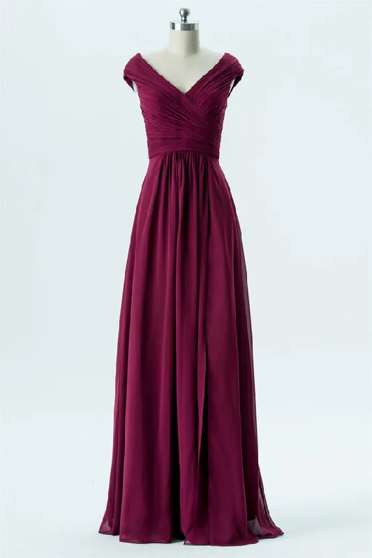Price Rollback Chiffon Berry Long Bridesmaid Dress with Cap Sleeves