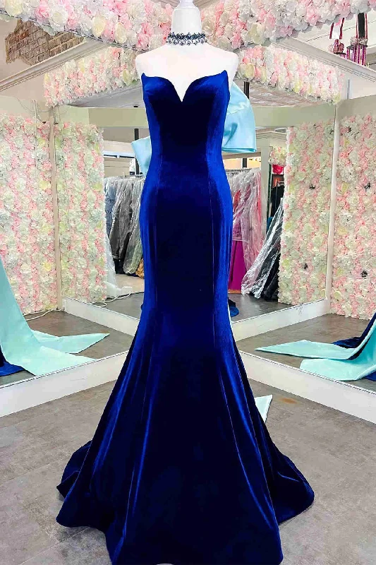 Year-End Sale Fitted Mermaid Royal Blue Velvet Prom Dress with Bow