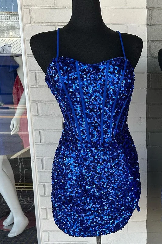 Stock Up and Save Tight Straps Royal Blue Sequin Homecoming Dress