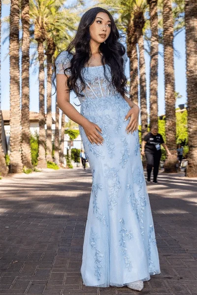Flash Sale Light Blue Square Neck Puff Sleeves Appliques Tulle Long Prom Dress